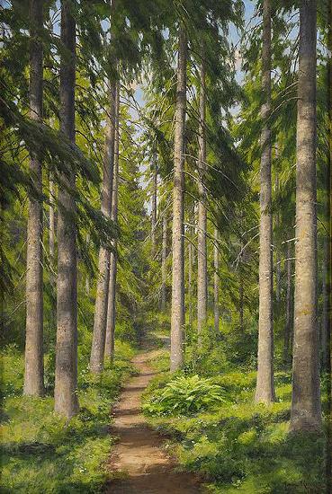 johan krouthen Sunlit forest path Spain oil painting art